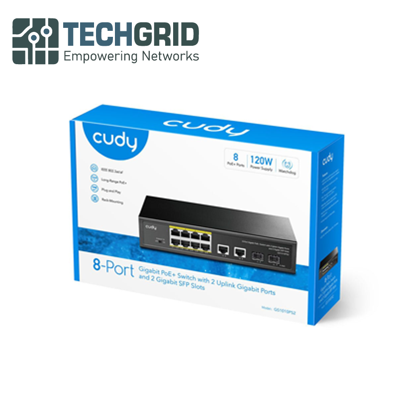 CUDY GS1010PS2 — Switch Gigabit PoE+ 8 Puertos + 2 Uplink GbE + 2 SFP | 120W