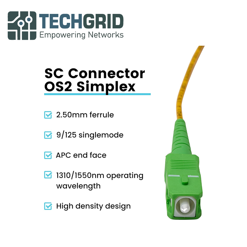 Cable Patch de Fibra Óptica SC/APC a SC/APC OS2 – 1 Metro, Monomodo 9/125μm, Simplex, Color Amarillo